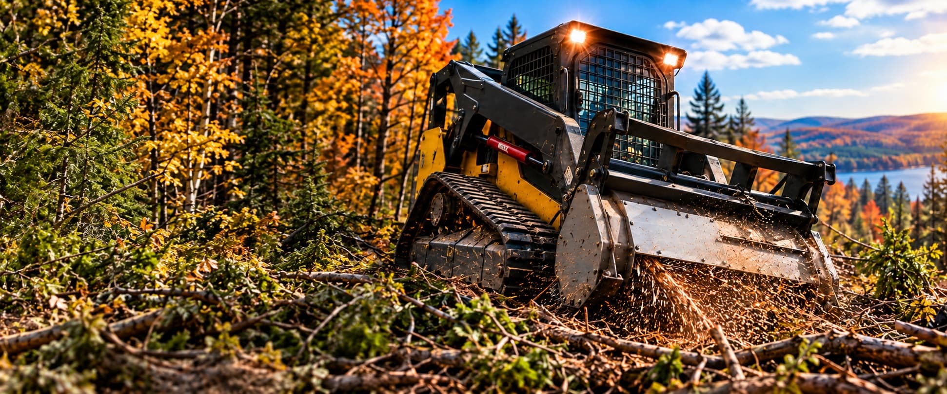 Compact track loader with a forestry mulcher clearing brush on an autumn hillside